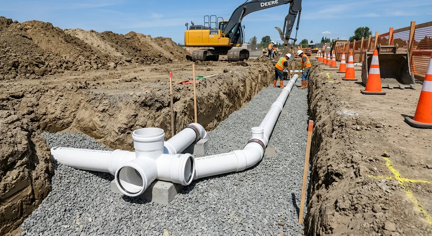 New PVC sewer pipe installation in open trench for Commercial Drain Cleaning in Dunlap