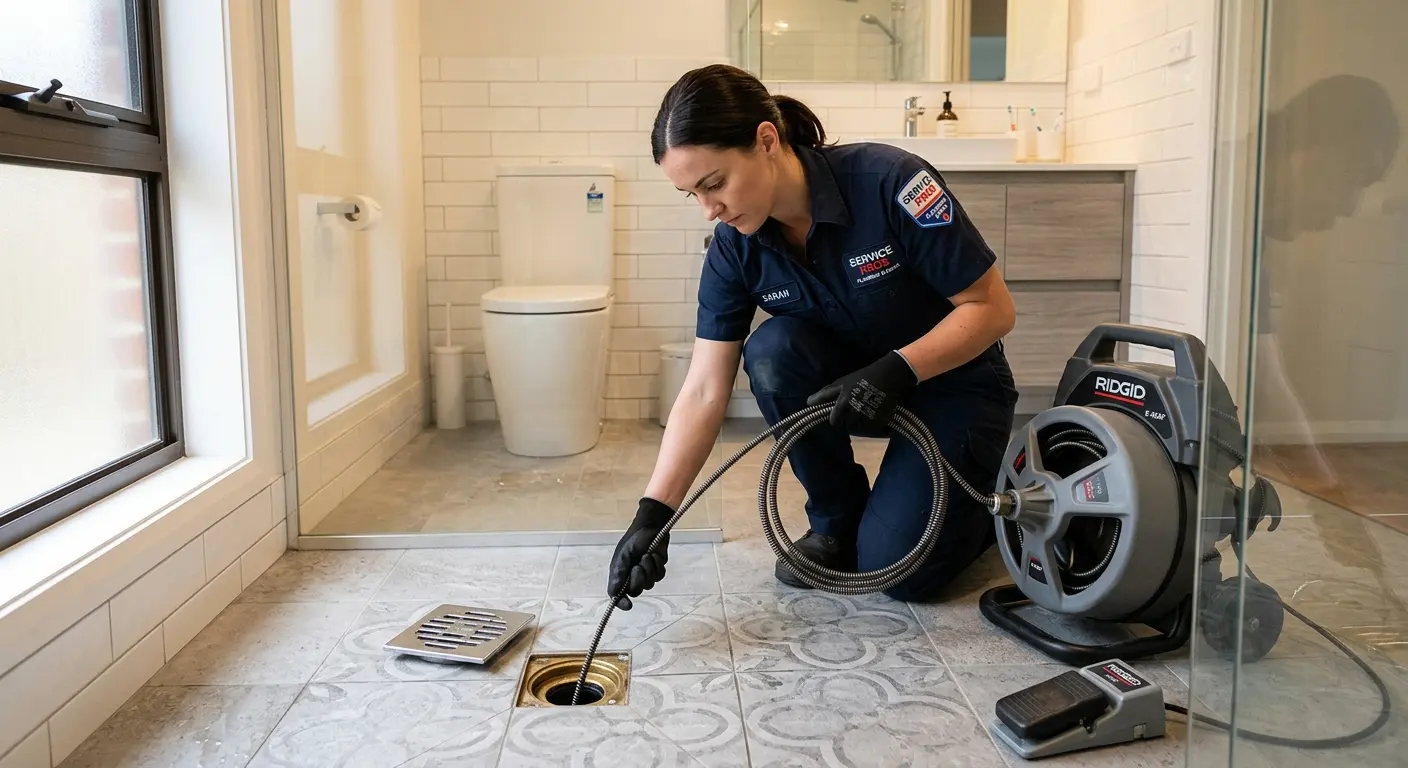 Technician clearing a bathroom floor drain for Clogged Drain Repair in Dunlap